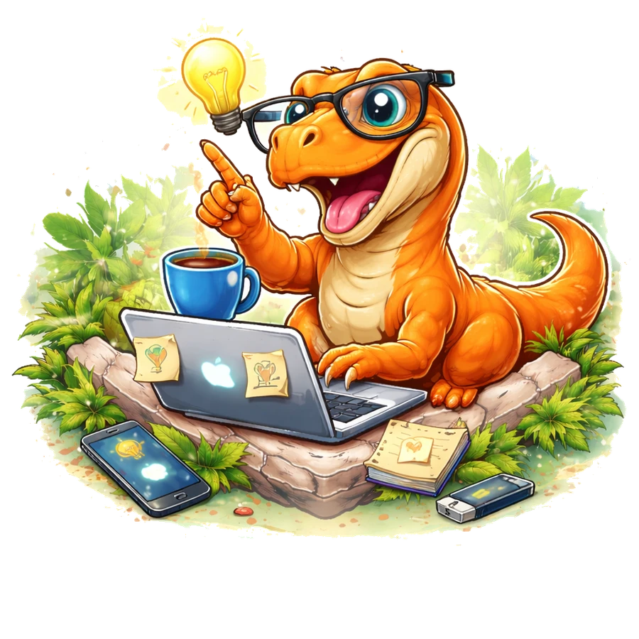 An orange dinosaur wearing glasses coding at a laptop outdoors — the DinoRoyal mascot